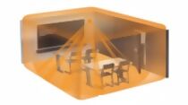 Representación gráfica de una sala de reuniones con el área de detección del sensor en naranja