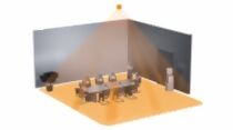 Representación gráfica de una sala de conferencias con el área de detección del sensor en naranja