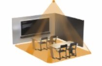 Representación gráfica de una sala de reuniones con el área de detección del sensor en naranja