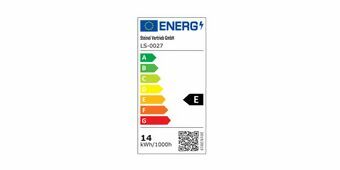 Energieetikett mit der Effizienzklasse E, mit einer Skala von A bis G, was einem Energieverbrauch von 14 kWh pro 1000 Stunden entspricht.
