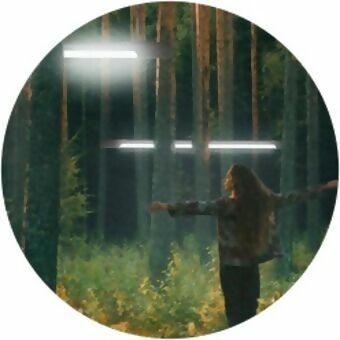 A young woman is standing in the forest with arms outstretched. Two luminous linear fluorescent luminaires are hanging in the forest.