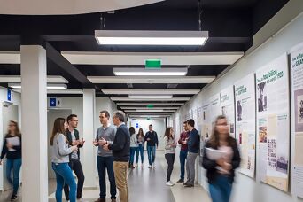 Gang met veel mensen en posters op de Universiteit van Lille