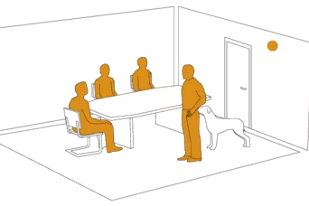 Illustration of a meeting room with several people and a dog. A visual sensor on the wall recognises the people and objects present in the room.