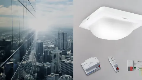 Teaser-Bild zum Pressetext KNX Komplettlösungen Gebäudeskyline, Sensor und Aktorik