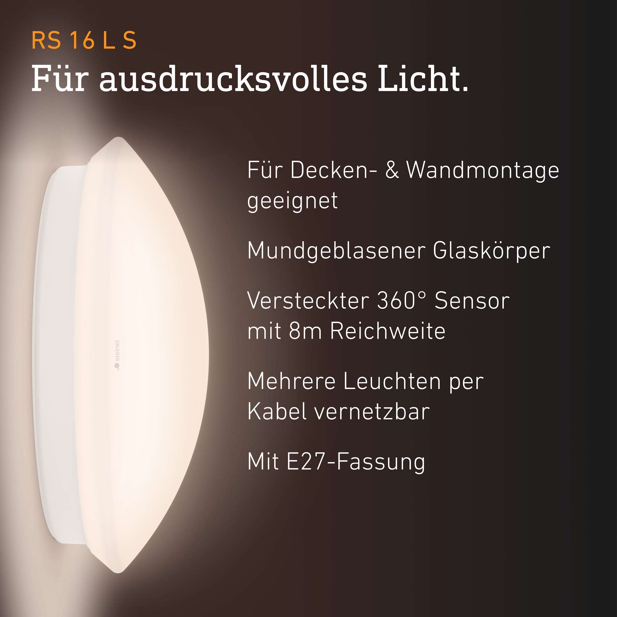 Steinel RS 16 L Innenleuchte – Wandleuchte & Deckenleuchte Mit 360° HF- Bewegungsmelder, 3–8 M Reichweite, E27-Fassung (max. 60 W), Weiße Glashaube – Für Flur, Diele & Treppenhaus